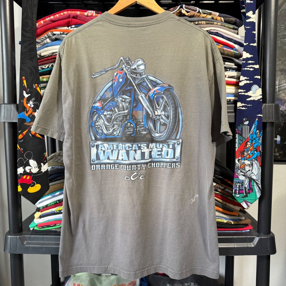 Y2K Gray Orange County Choppers America's Most Wanted Graphic T-Shirt XL Flaws